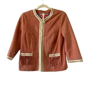 Unfleur Pink Suede Jacket Cropped Sleeves Fringe Gold Trim Size Small